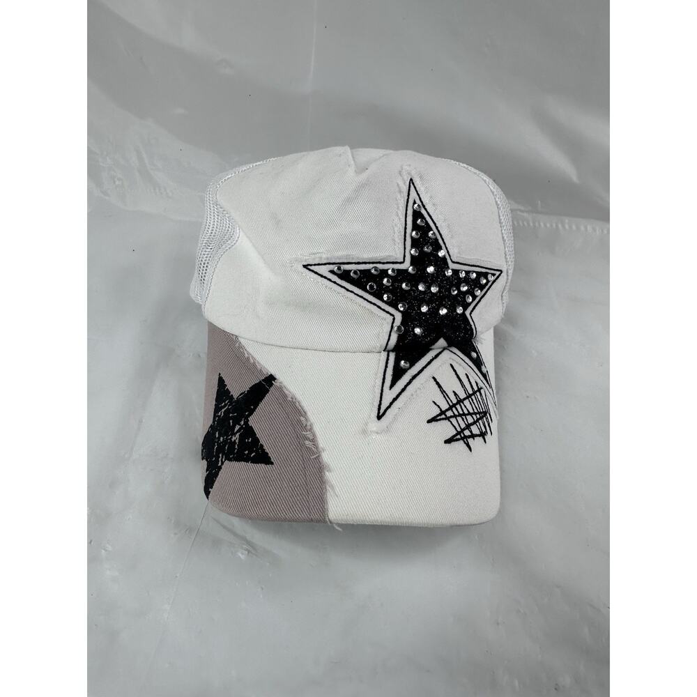 Black Star on White Trucker Cap Snapback Hat with Mesh Back